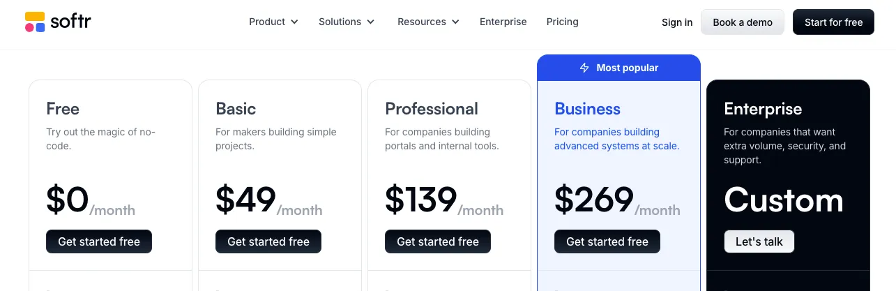 Softr Pricing Screen shot