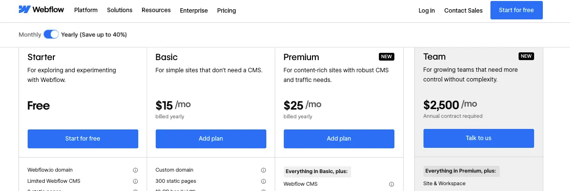 Webflow Pricing
